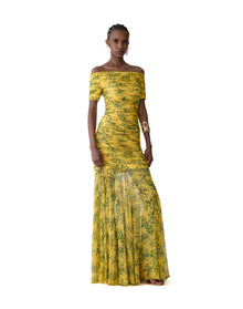 Short Sleeve Off Shoulder Gathered Gown | Daffodil/Multi