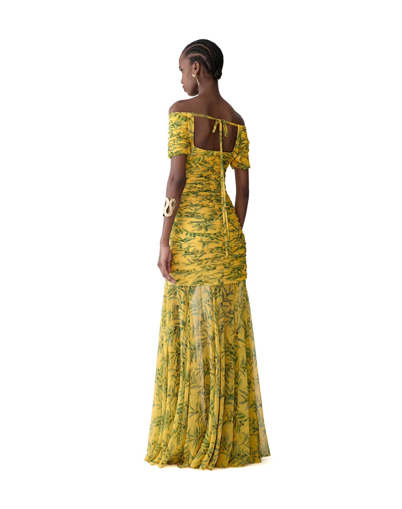 Short Sleeve Off Shoulder Gathered Gown | Daffodil/Multi
