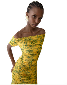 Short Sleeve Off Shoulder Gathered Gown | Daffodil/Multi