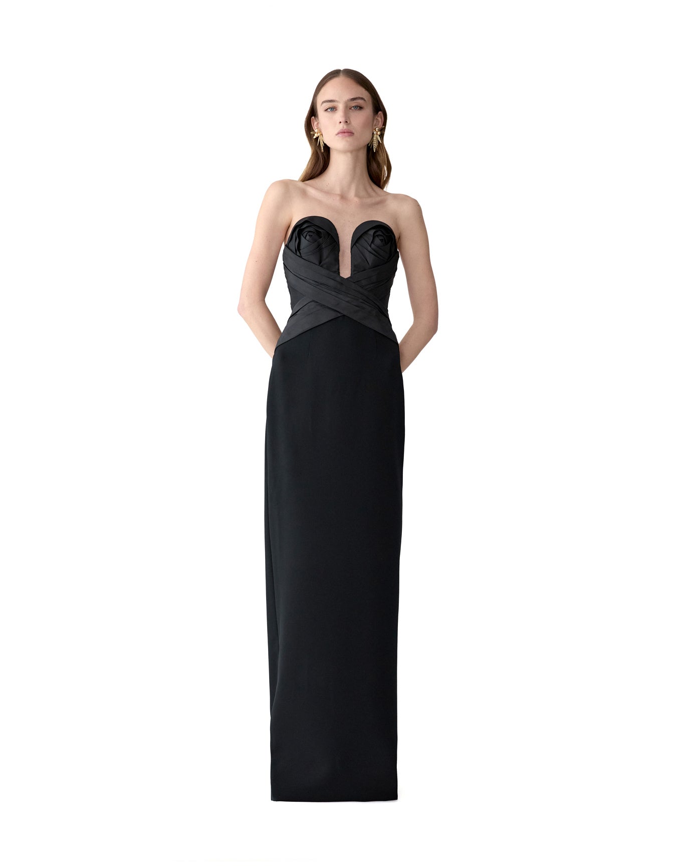 Strapless Draped Bodice Column Gown | Black