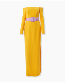 Long Sleeve Off Shoulder Column Gown With Wide Belt | Taxi Cab