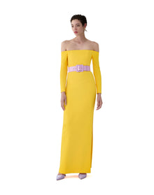 Long Sleeve Off Shoulder Column Gown With Wide Belt | Taxi Cab