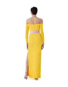 Long Sleeve Off Shoulder Column Gown With Wide Belt | Taxi Cab