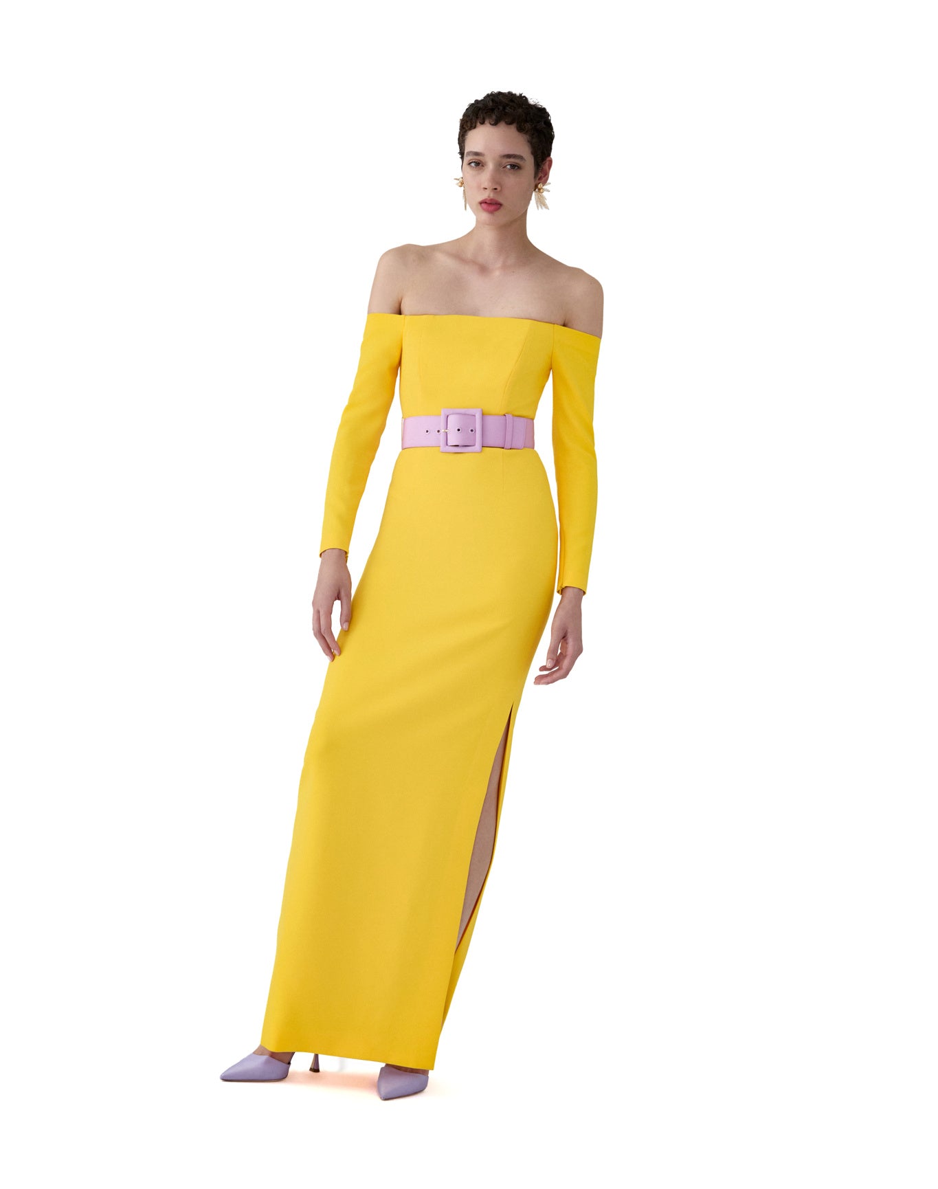 Long Sleeve Off Shoulder Column Gown With Wide Belt | Taxi Cab