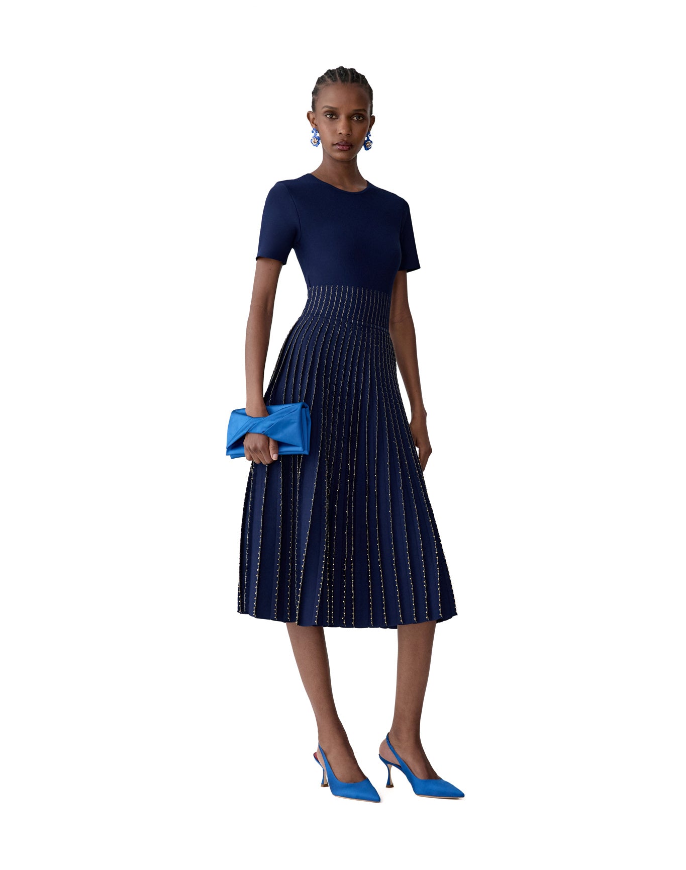 Embroidered Short Sleeve Crewneck Flare Dress | Midnight