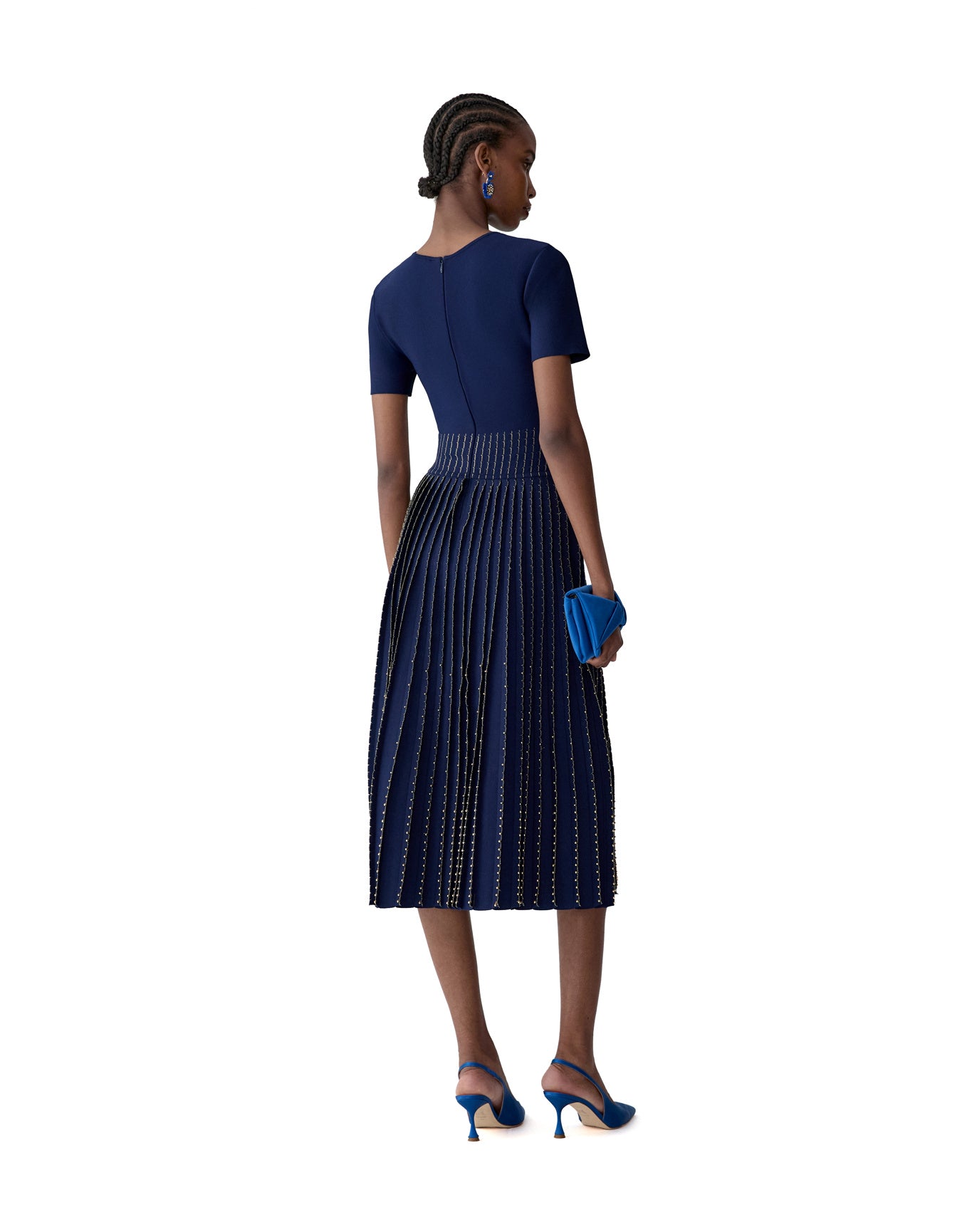 Embroidered Short Sleeve Crewneck Flare Dress | Midnight