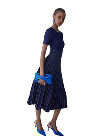 Embroidered Short Sleeve Crewneck Flare Dress | Midnight