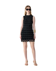 Embroidered Sleeveless Crewneck Shift Dress | Black