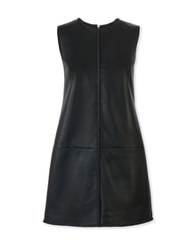 Sleeveless Crewneck Leather Mini Dress | Black
