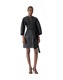 Arc Sleeve Crewneck Leather Coat | Black