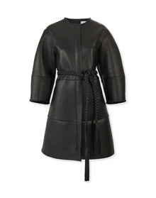 Arc Sleeve Crewneck Leather Coat | Black