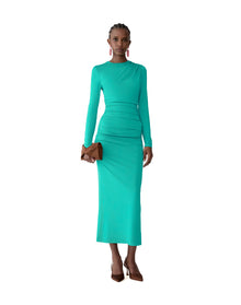 Long Sleeve Draped Mock Neck Midi Dress | Turquoise