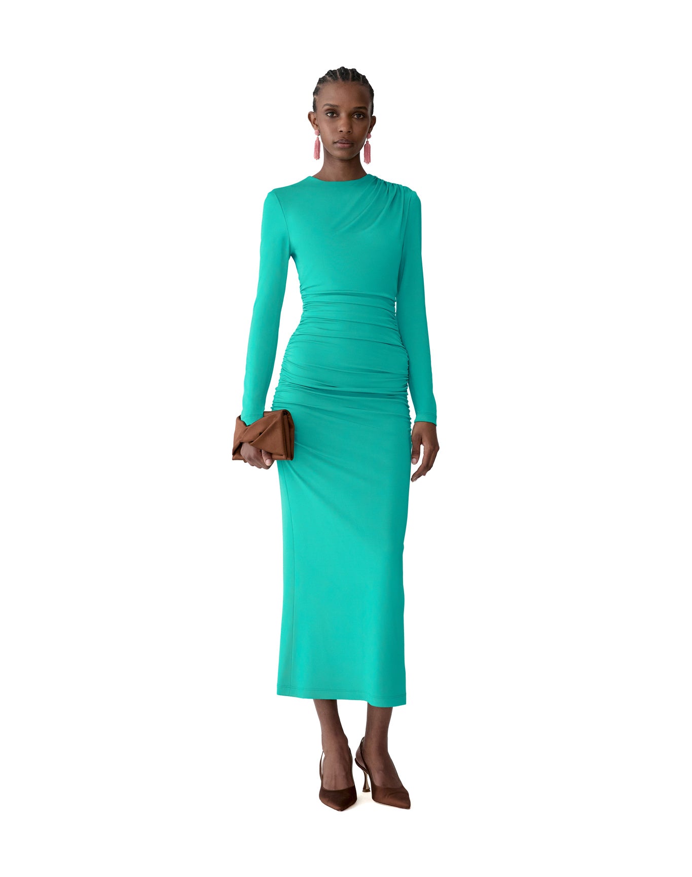 Long Sleeve Draped Mock Neck Midi Dress | Turquoise