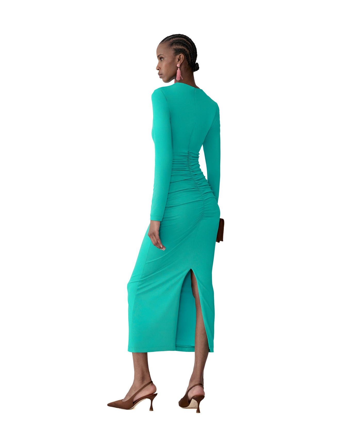 Long Sleeve Draped Mock Neck Midi Dress | Turquoise