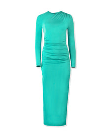 Long Sleeve Draped Mock Neck Midi Dress | Turquoise
