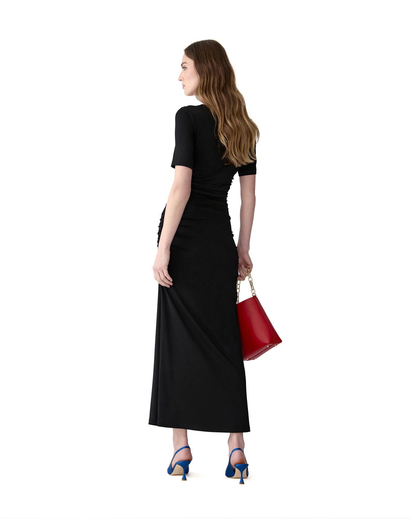 Elbow Sleeve Ruched V-Neck Midi Dress | Black