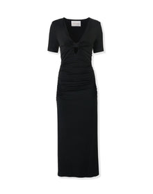 Elbow Sleeve Ruched V-Neck Midi Dress | Black