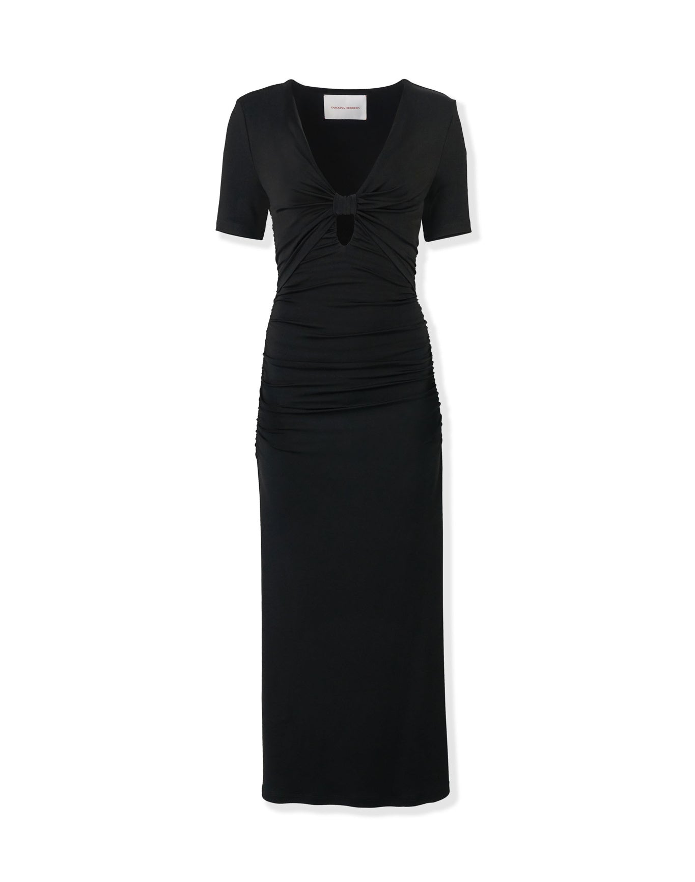 Elbow Sleeve Ruched V-Neck Midi Dress | Black