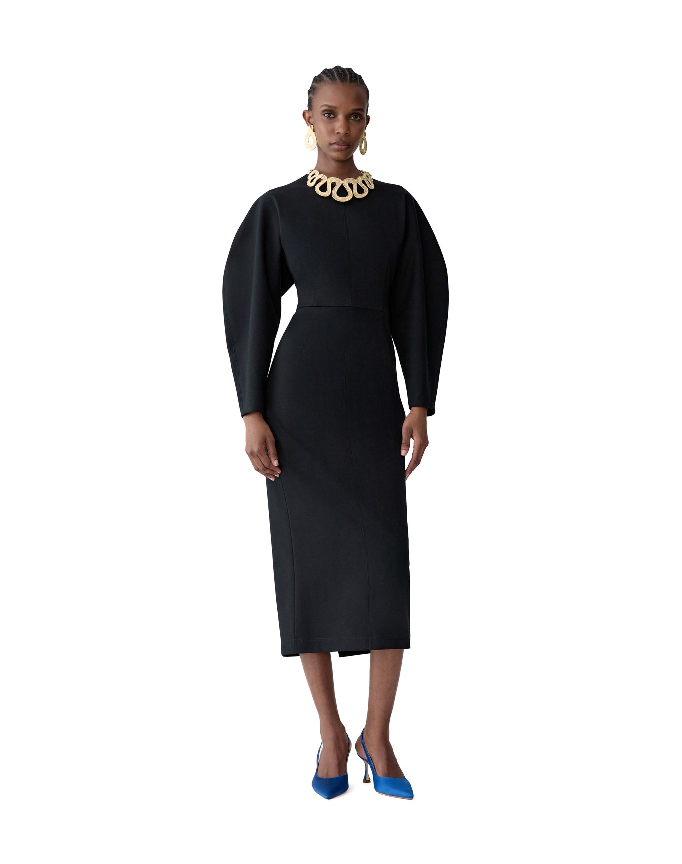 Arc Sleeve Crewneck Midi Dress | Black