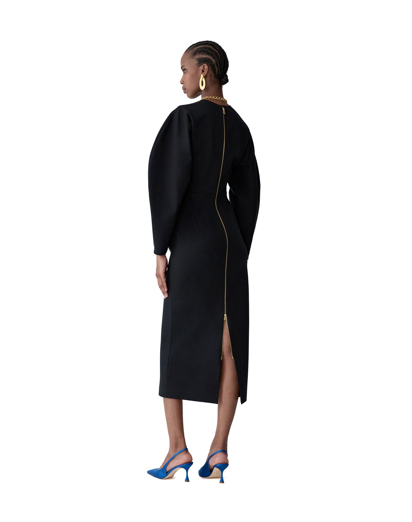 Arc Sleeve Crewneck Midi Dress | Black