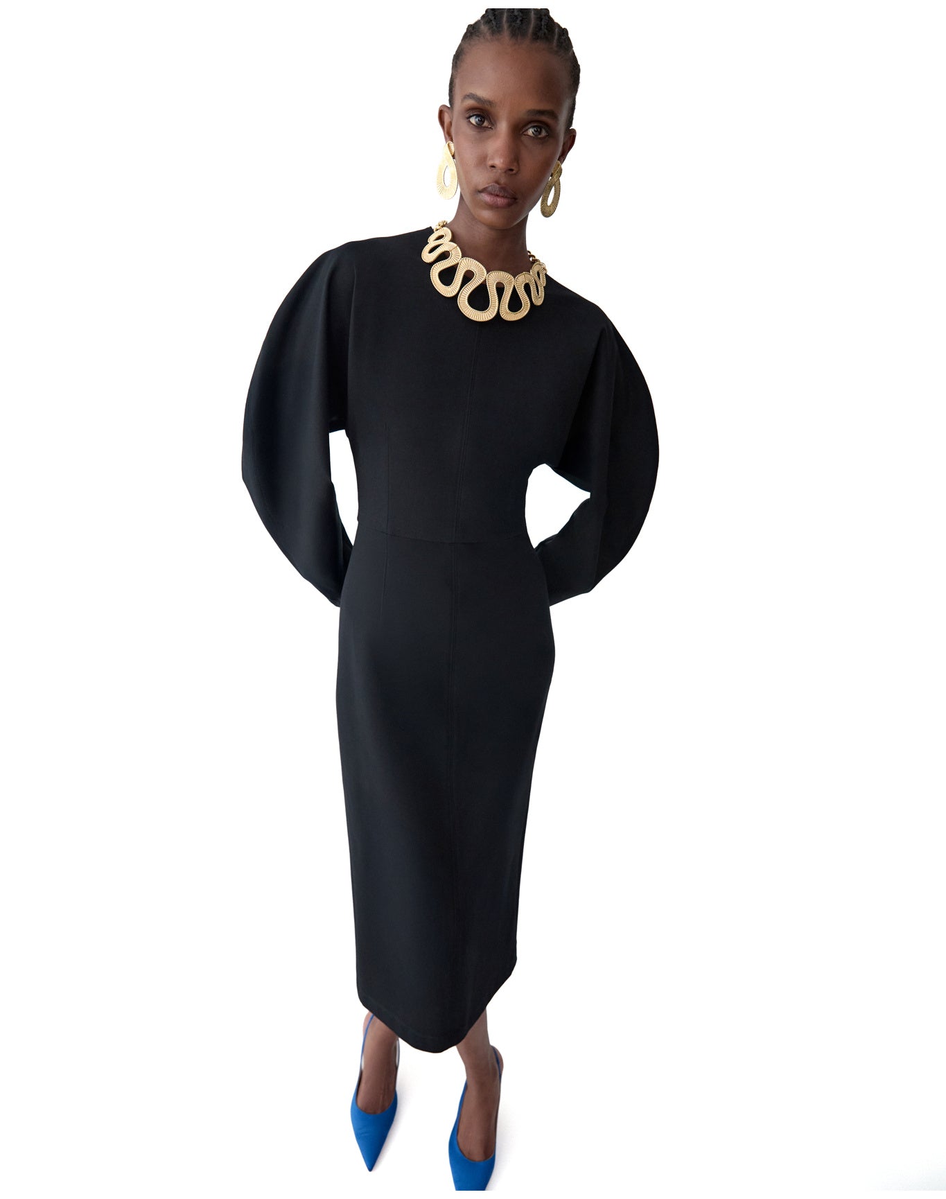 Arc Sleeve Crewneck Midi Dress | Black