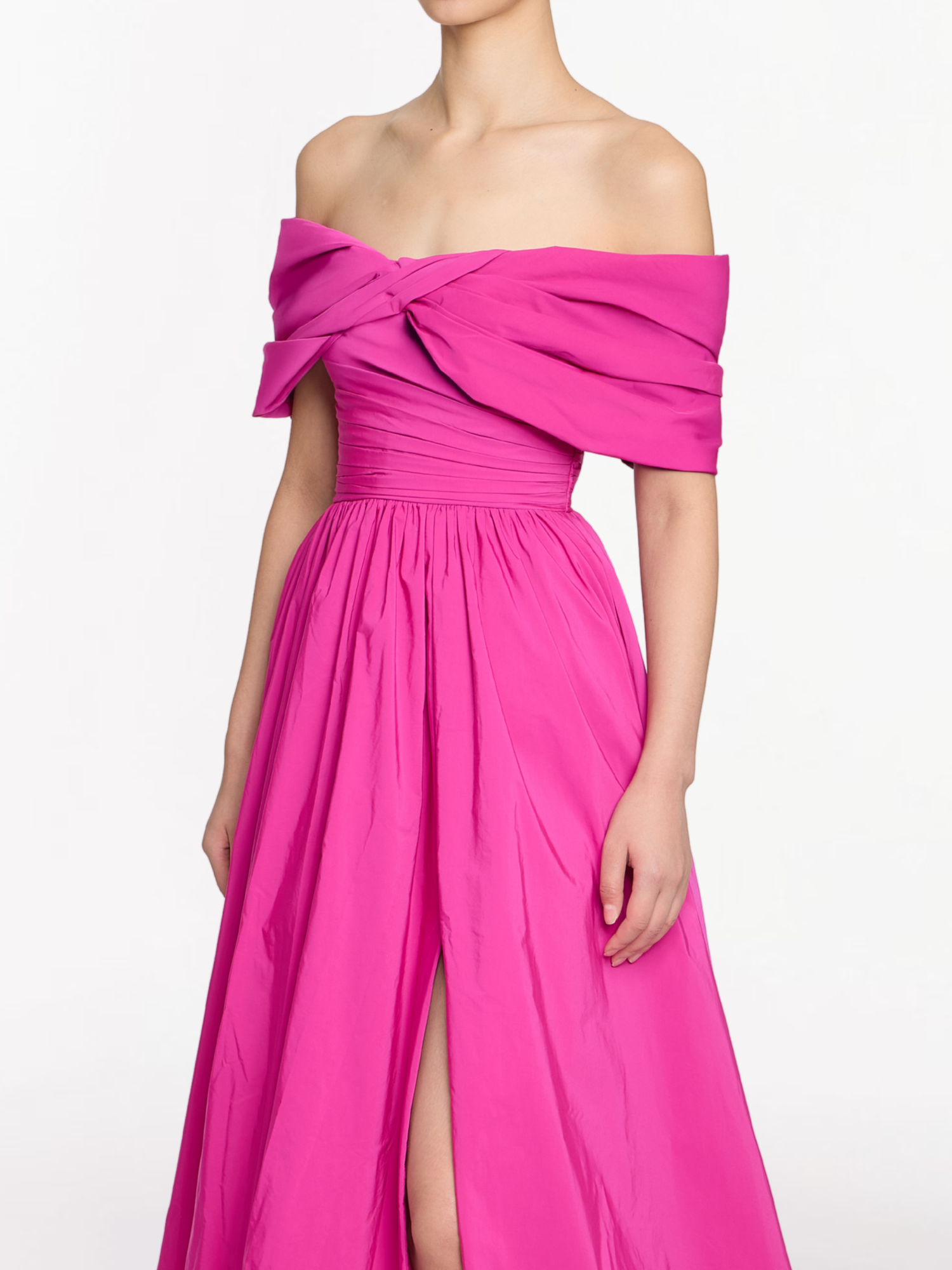 Off Shoulder Draped Sleeve Ball Gown With Slit | Hot Pink