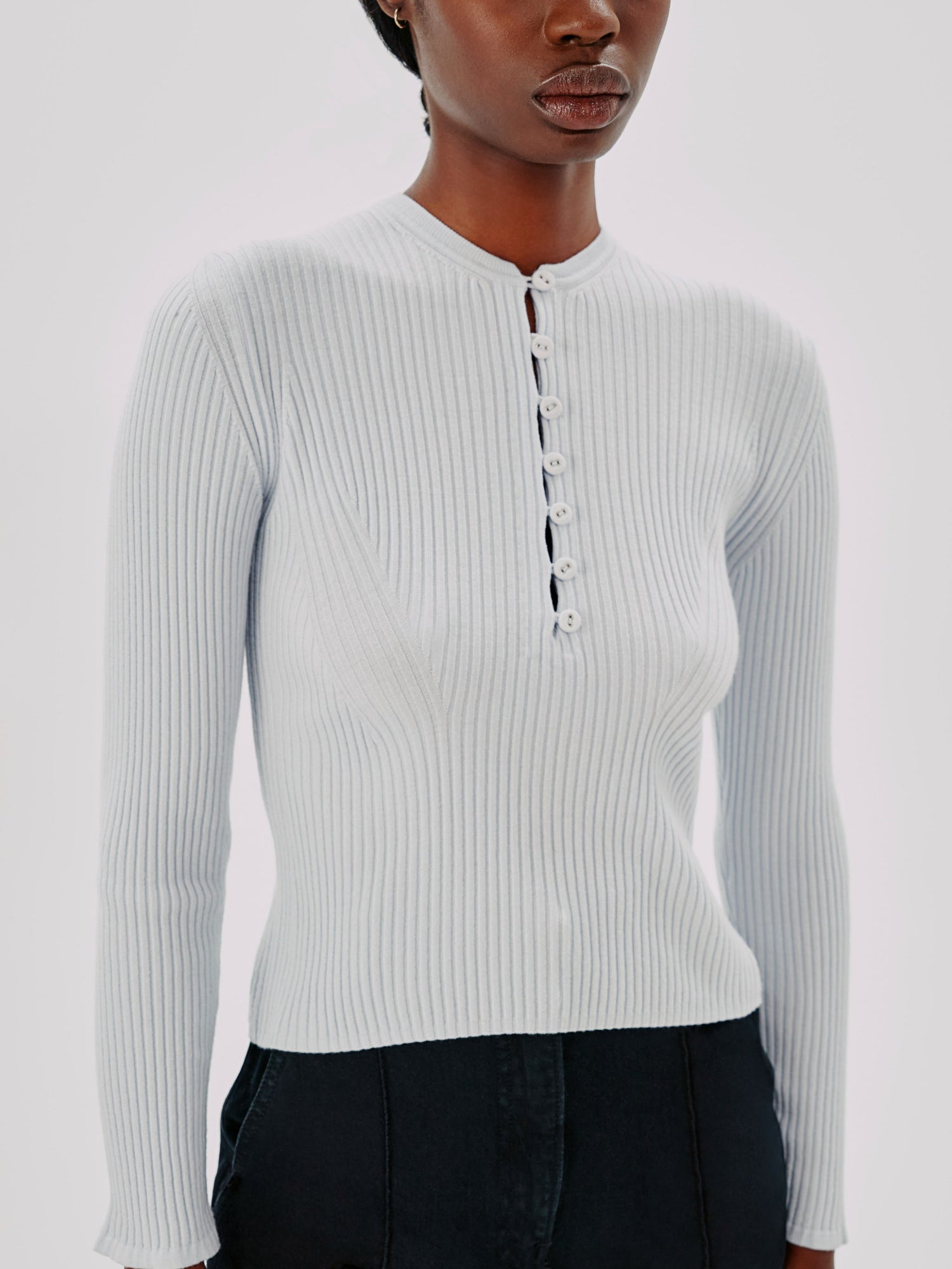 Another Tomorrow Ribbed Henley in Sky – Wool Women's Knitwear