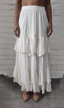 Womens | Aine Viscose Georgette Gold Boota Lurex Long Skirt | White