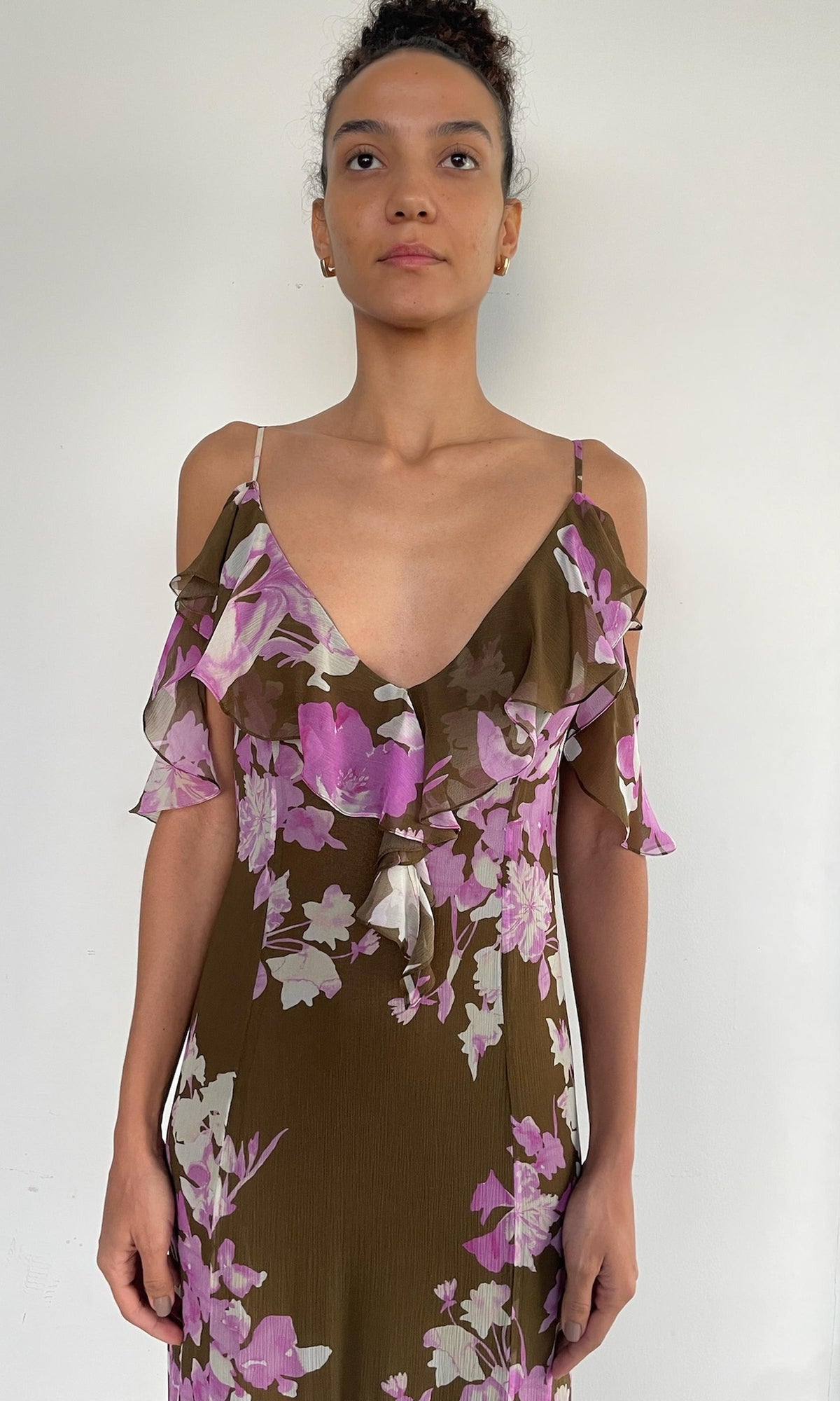Womens | Alfy Heavy Viscose Crinkle Chiffon Long Dress | Brown Pink