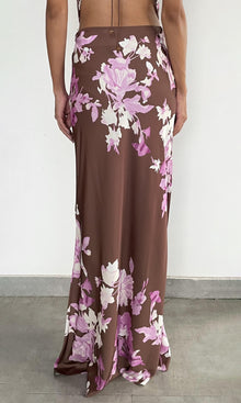 Womens | Alfy Polyester Satin Lycra Maxi Skirt | Brown Pink