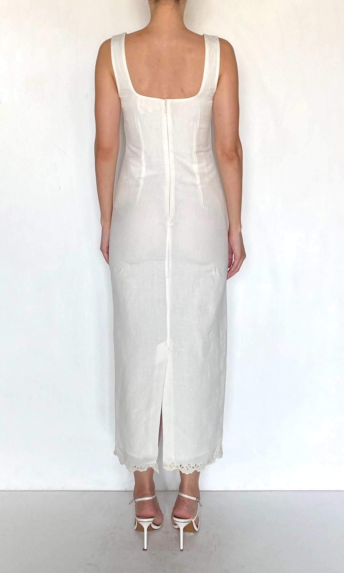 Womens | Bea Linen Cotton Square Neck Midi Dress | Ivory