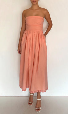 Womens | Bea Linen Cotton Ruched Bodice Midi Dress | Pink