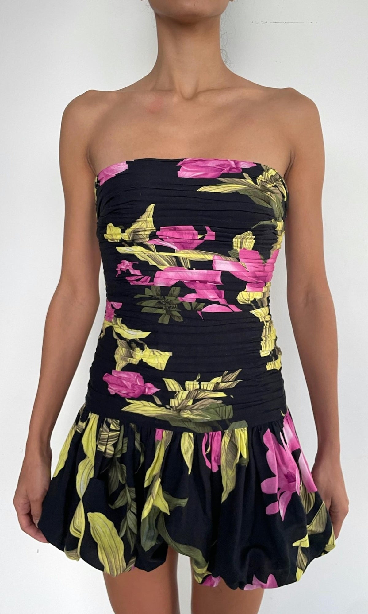Womens | Cai Thin Linen Cotton Bubble Hem Mini Dress | Black Multi