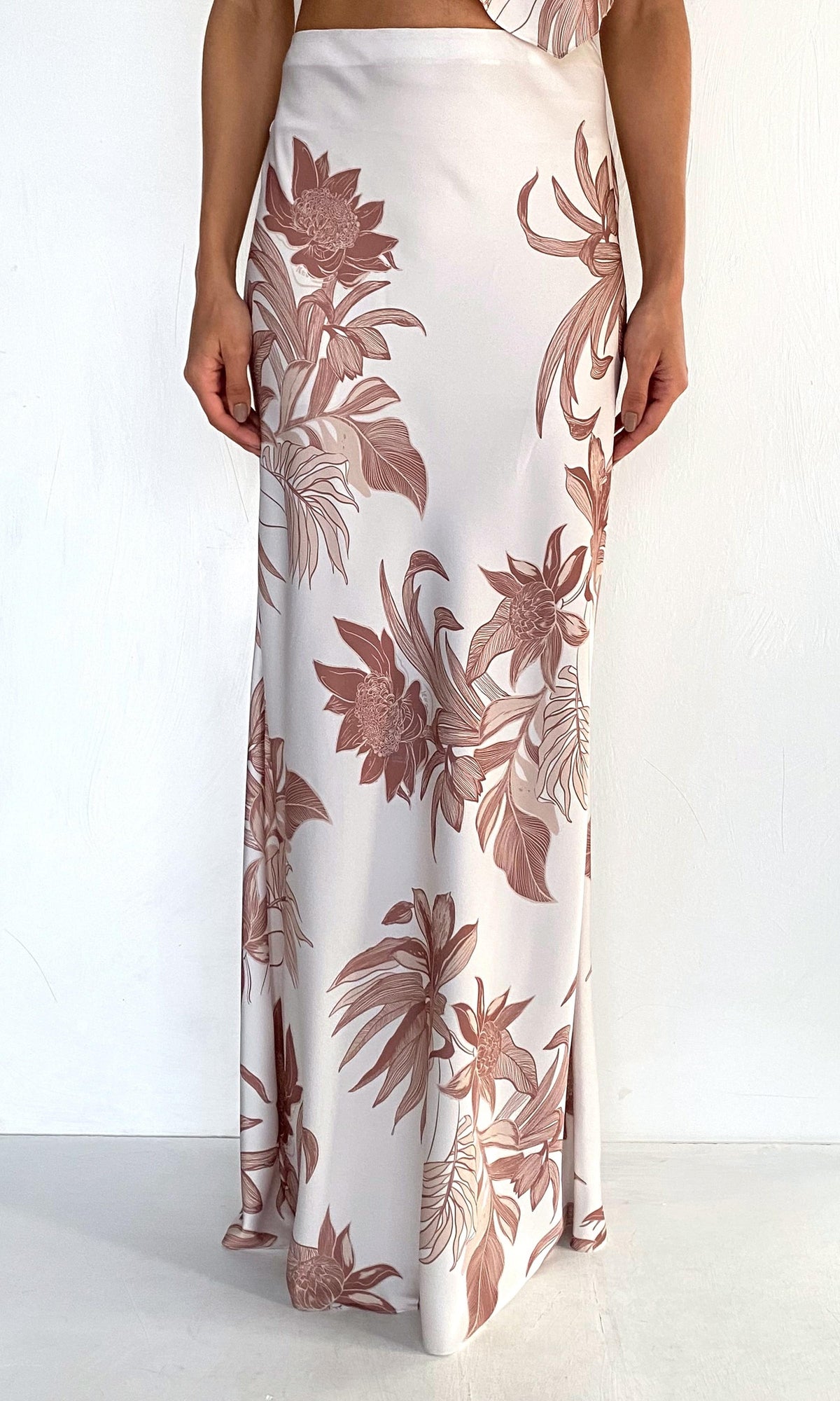 Womens | Cali Polyester Satin Lycra Maxi Skirt | Off-White Brown