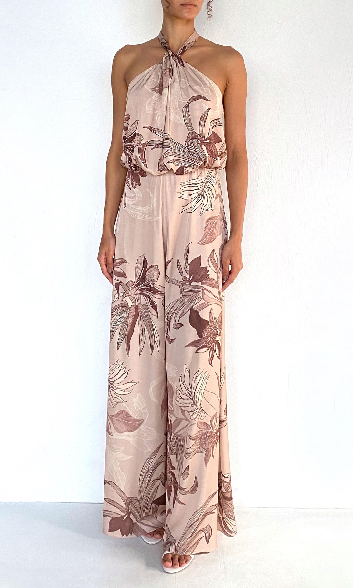 Womens | Cali Polyester Satin Lycra Halter Jumpsuit With Back Sash Tie | Beige Brown