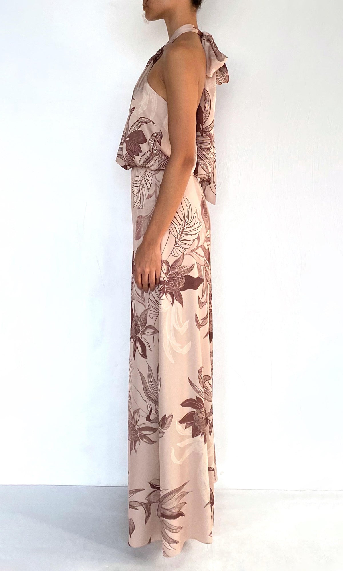 Womens | Cali Polyester Satin Lycra Halter Jumpsuit With Back Sash Tie | Beige Brown