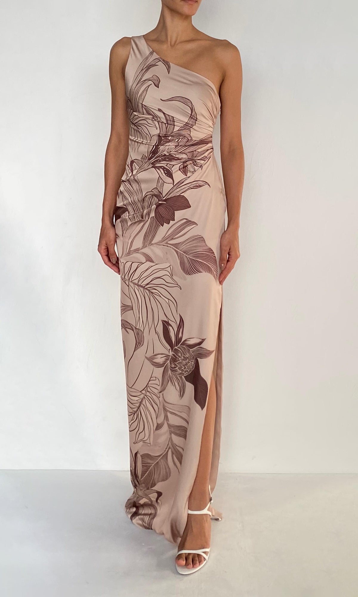 Womens | Cali Polyester Satin Lycra One Shoulder Ruched Maxi Dress | Beige Brown