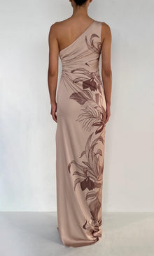 Womens | Cali Polyester Satin Lycra One Shoulder Ruched Maxi Dress | Beige Brown