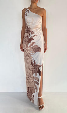 Womens | Cali Polyester Satin Lycra One Shoulder Ruched Maxi Dress | Off-White Brown