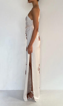 Womens | Cali Polyester Satin Lycra One Shoulder Ruched Maxi Dress | Off-White Brown