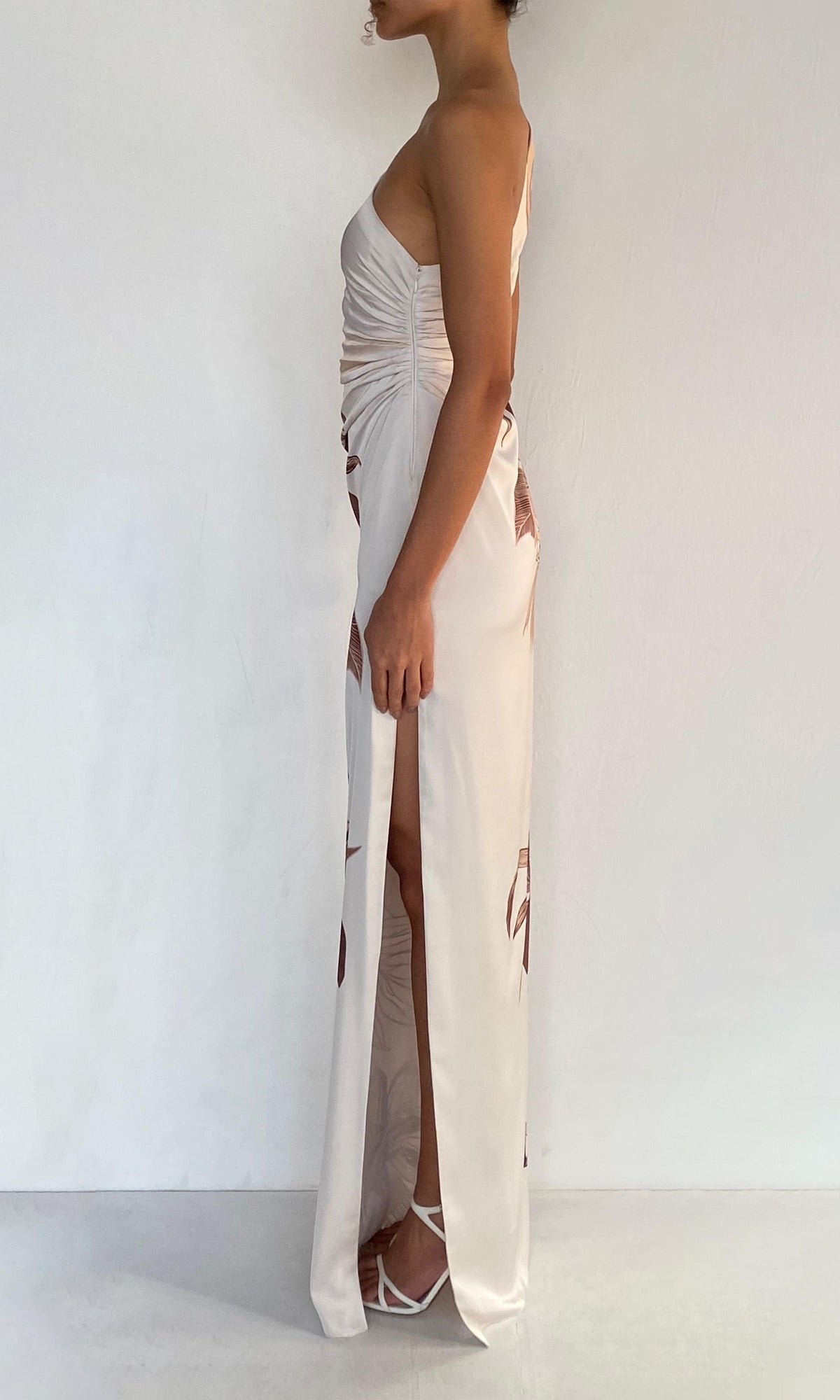 Womens | Cali Polyester Satin Lycra One Shoulder Ruched Maxi Dress | Off-White Brown