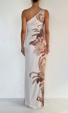 Womens | Cali Polyester Satin Lycra One Shoulder Ruched Maxi Dress | Off-White Brown