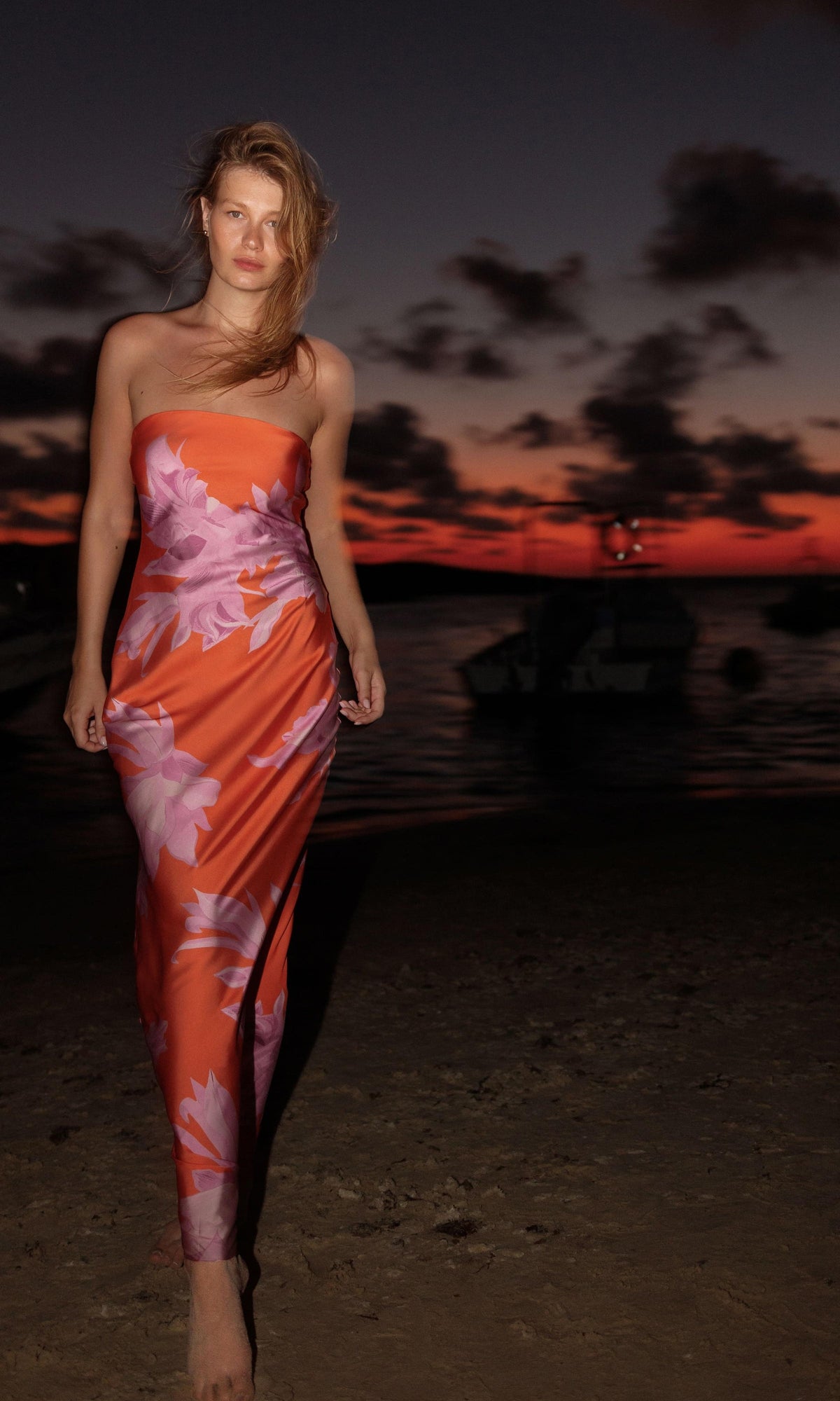 Womens | Casey Polyester Satin Lycra Strapless Maxi Dress | Orange