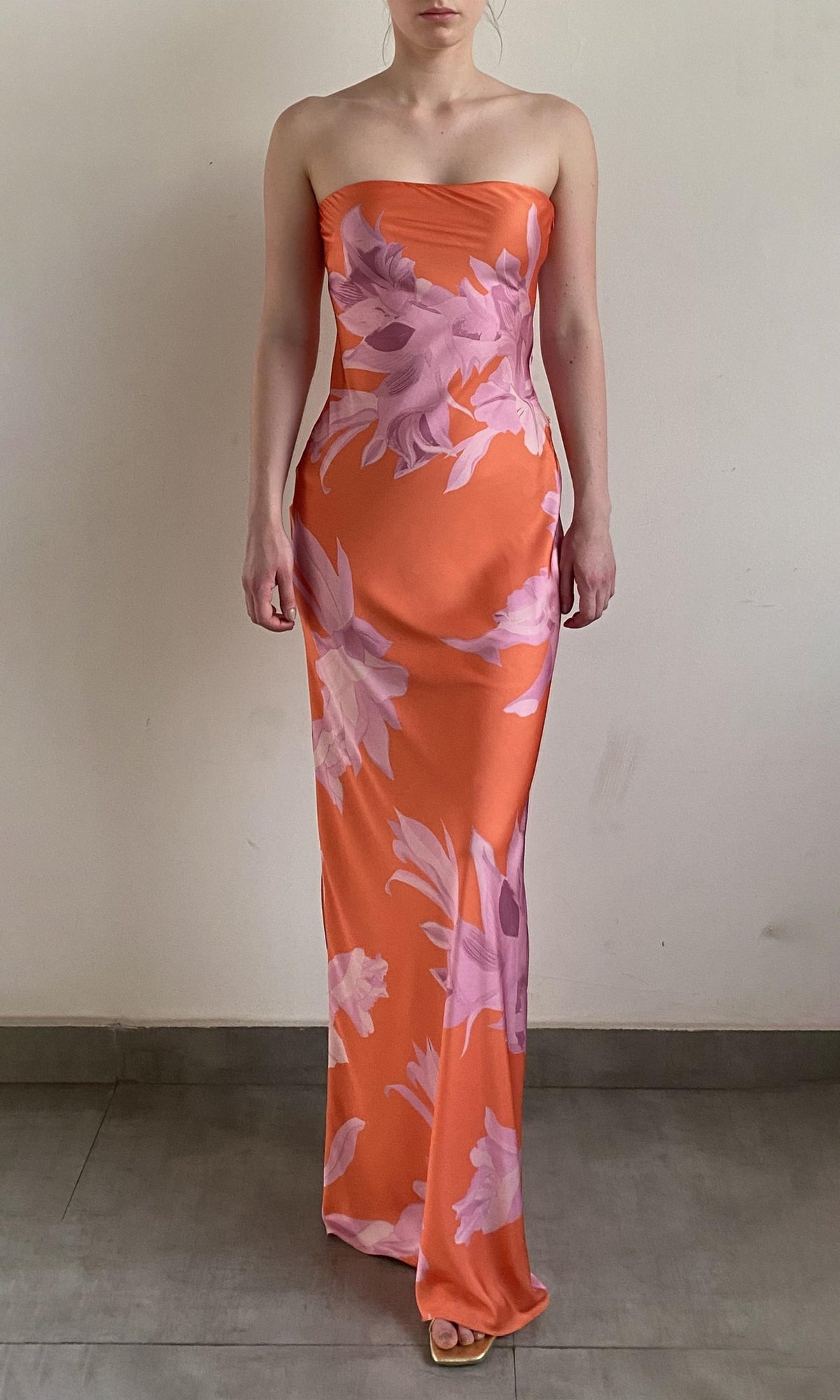 Womens | Casey Polyester Satin Lycra Strapless Maxi Dress | Orange