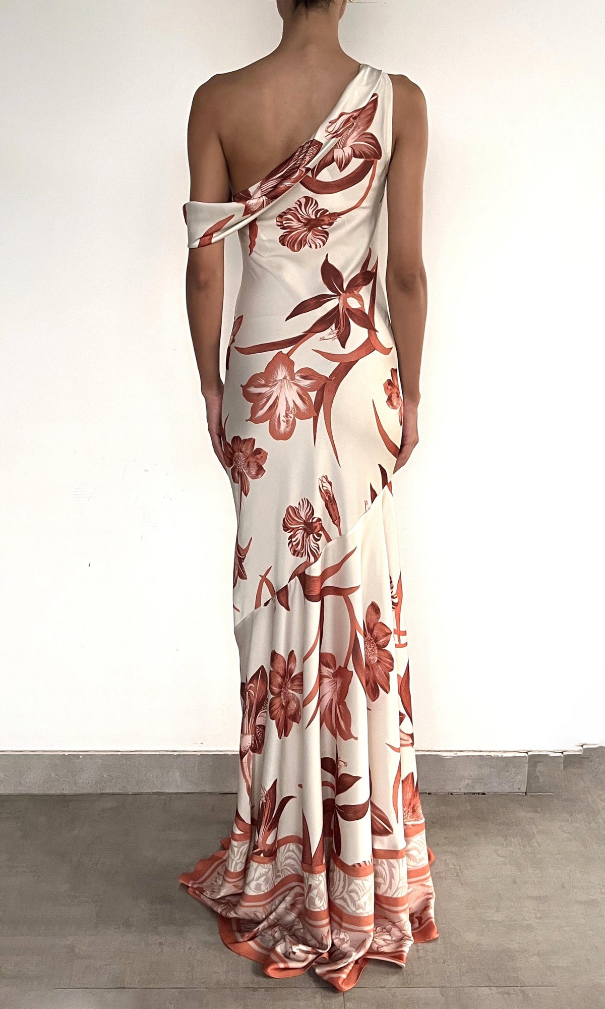 Womens | Ciro Polyester Satin Lycra One Shoulder Cowl Maxi Dress | Beige Brown