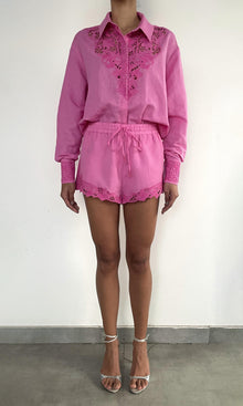 Womens | Eli Thin Linen Cotton Embroidered Shorts | Khaite Pink