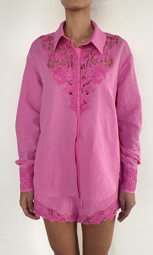 Womens | Eli Thin Linen Cotton Embroidered Over Sized Shirt | Khaite Pink