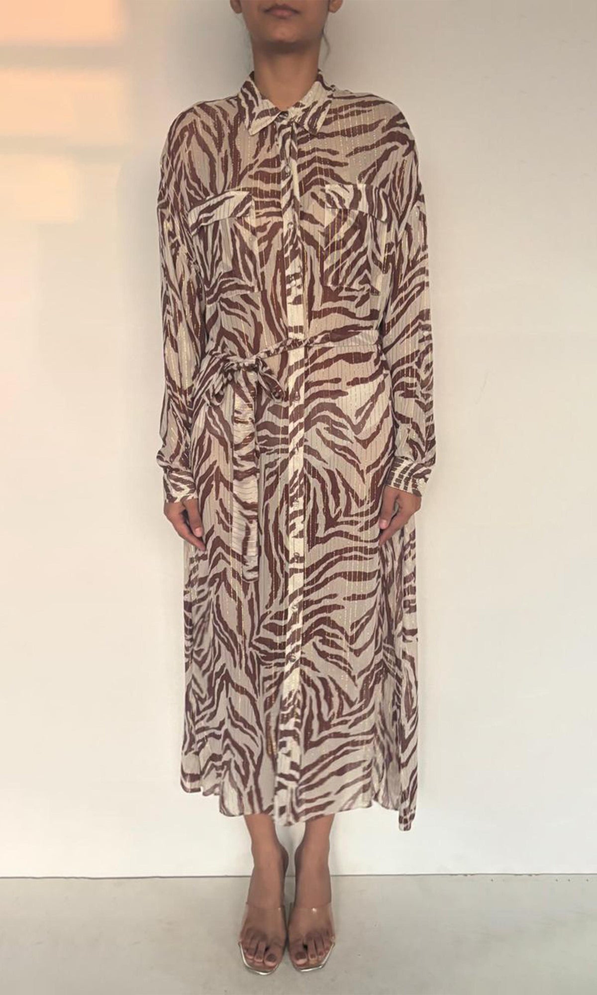 Womens | Fauve Viscose Georgette Lurex Long Dress | Brown