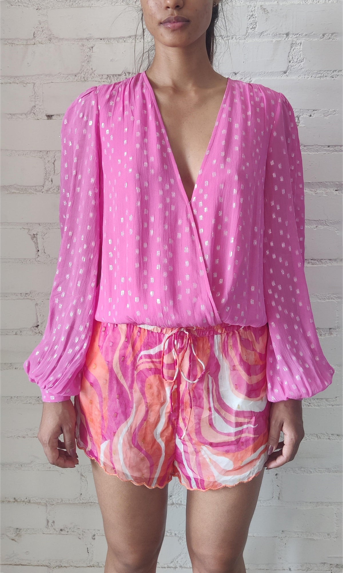 Womens | Fuchsia Viscose Georgtte Star Lurex Bodysuit | Pink