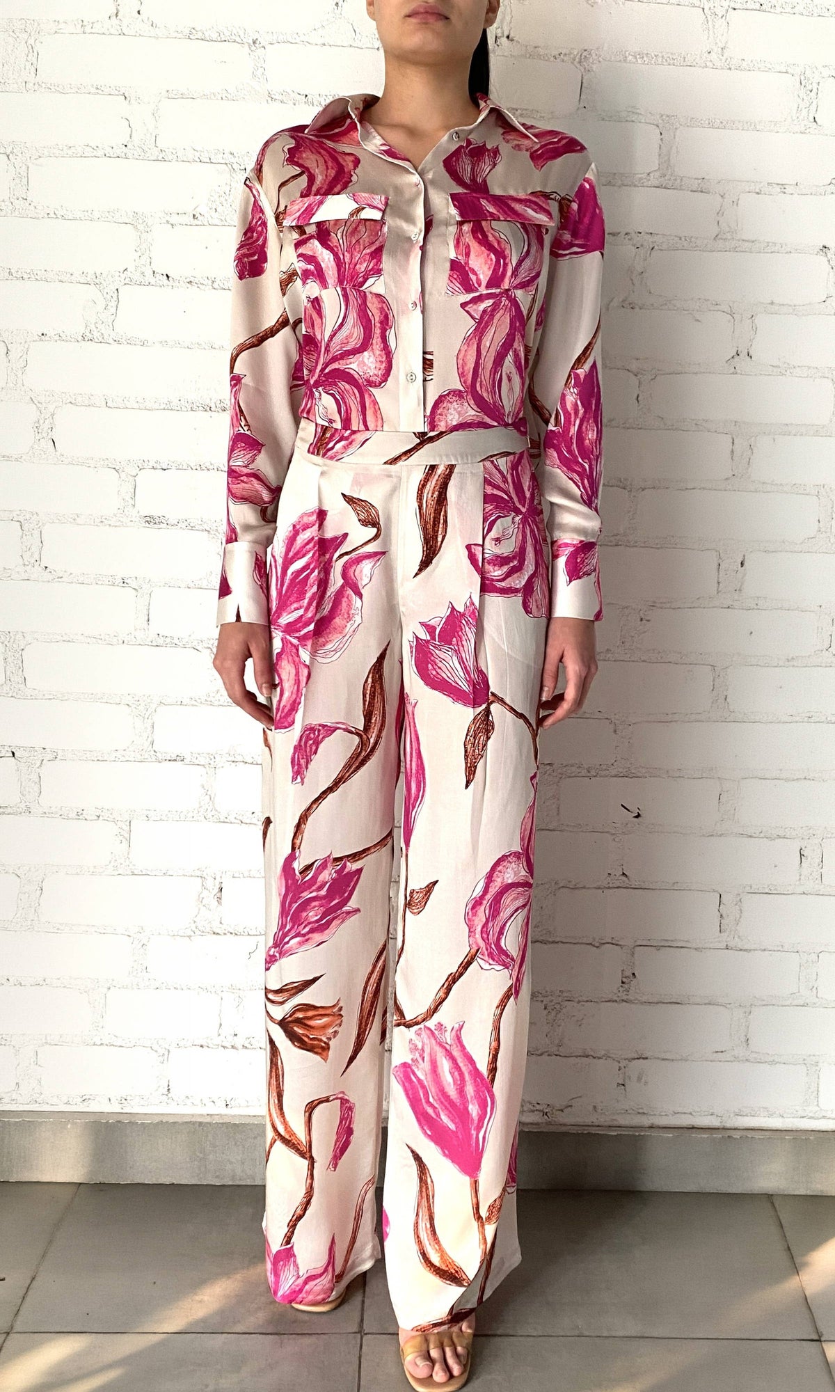 Womens | Grace Viscose Satin Pants | White Pink